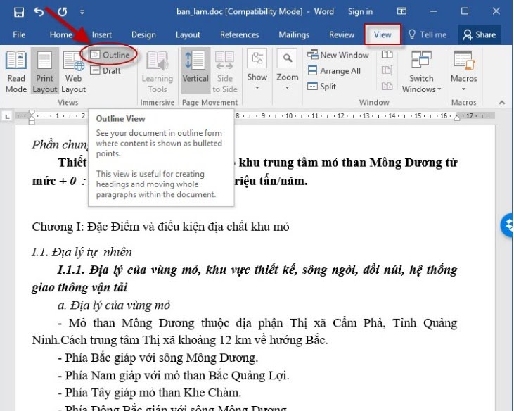 Chọn chế độ hiển thị dưới dạng outline