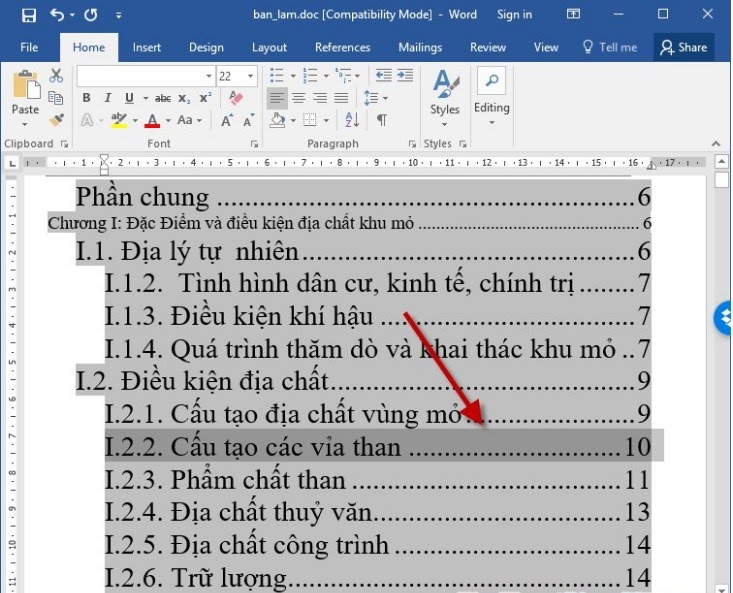 Bạn click chuột chọn nơi tạo mục lục