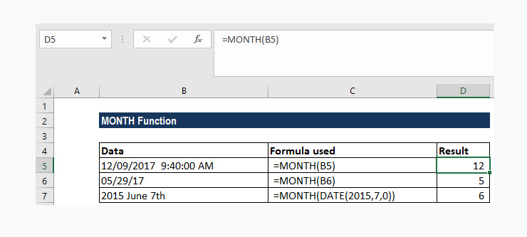 Kết quả trả về hàm Month trong Excel
