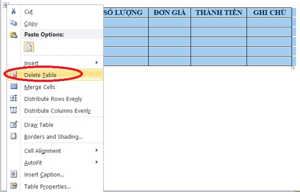 Xóa bảng trong Word 