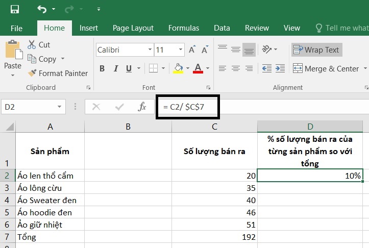 Công thức tính phần trăm trong Excel