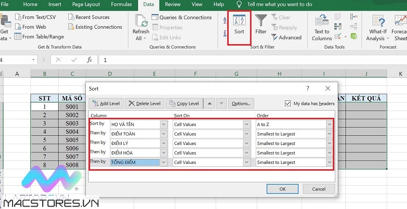 Cách sắp xếp trong Excel theo thứ tự tăng dần, giảm dần