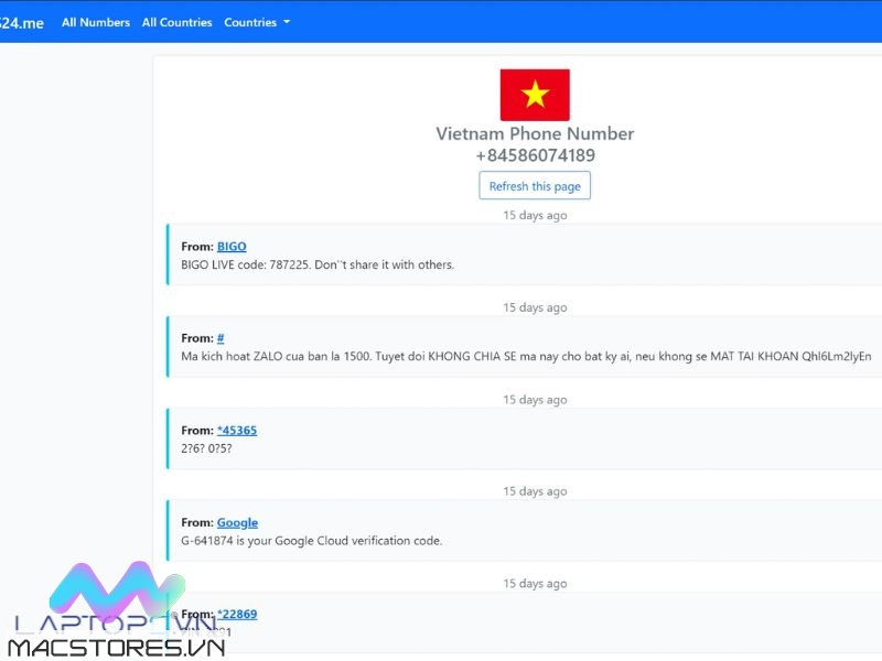 Tạo số điện thoại ảo Việt Nam trên website sms24