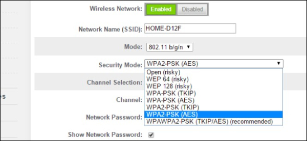 Nên chọn tiêu chuẩn bảo mật bộ định tuyến như WPA2 Personal (AES)